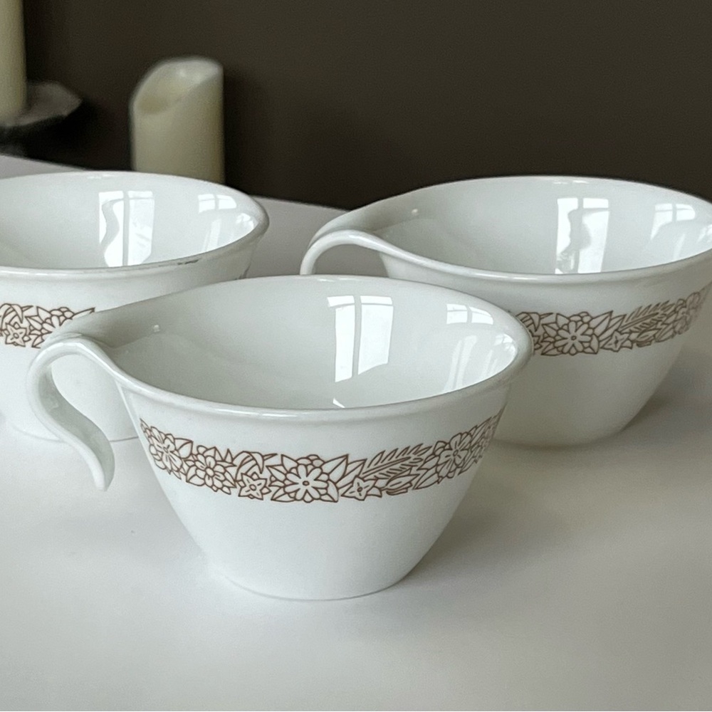 VTG Corelle Woodland Brown by Corning flat top coffee cups set/3 1978-1986